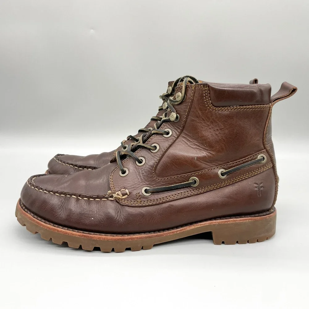 Frye Mens 9 D Brown Leather Moc Toe Chukka Boots Lace Up Lug Sole Rugged Cabin